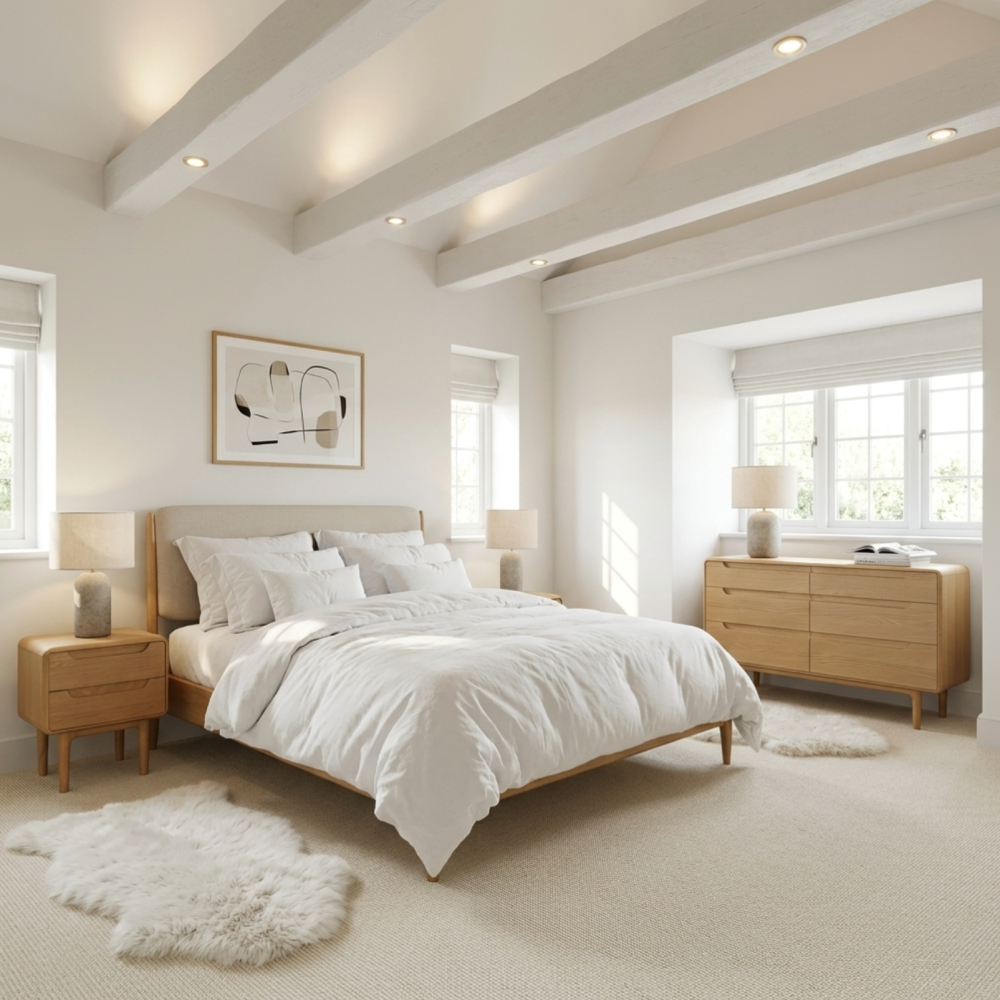 G-PLAN WINCHESTER OAK BEDSTEAD WITH UPHOLSTERED HEADBOARD