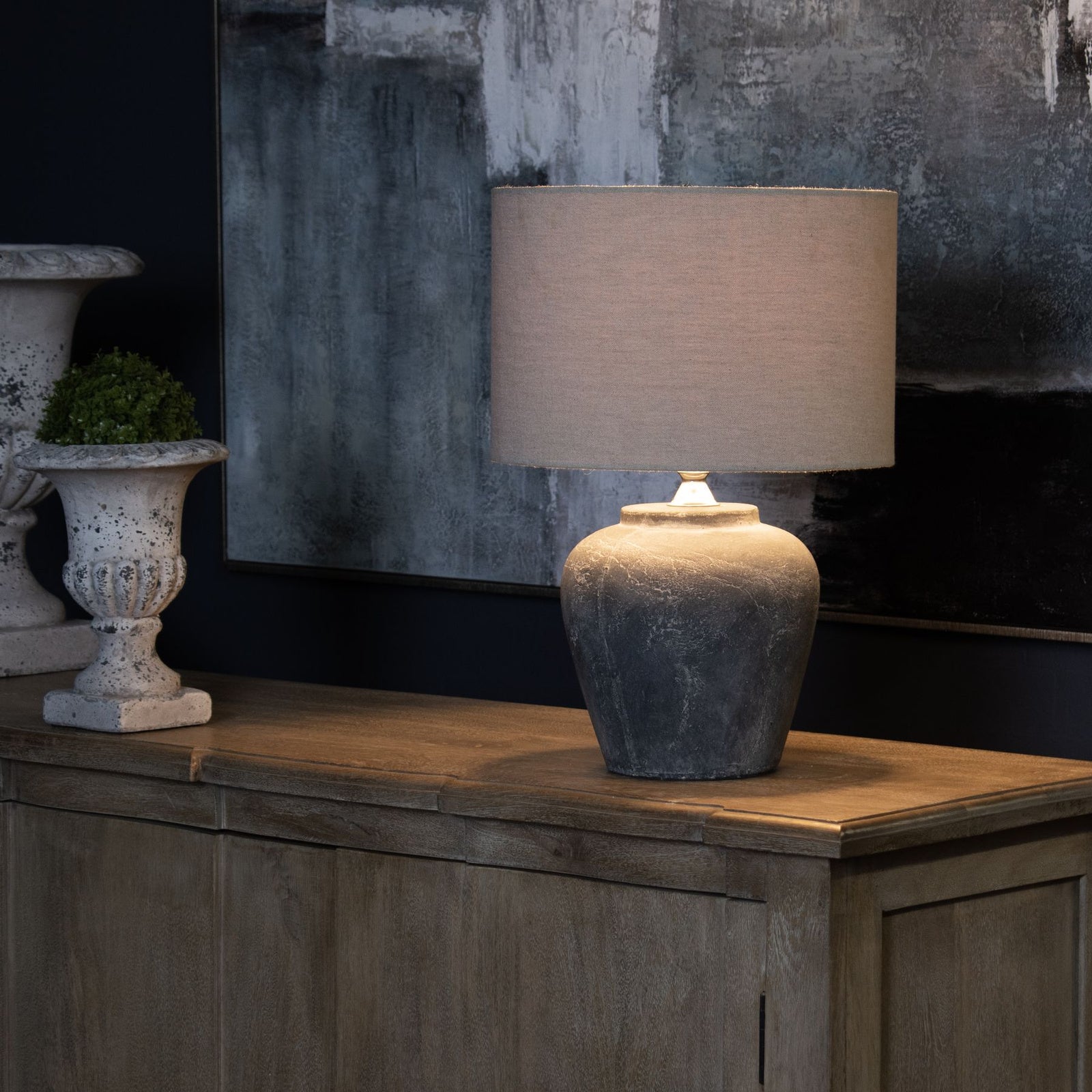 Amalfi Grey Round Table Lamp With Linen Shade