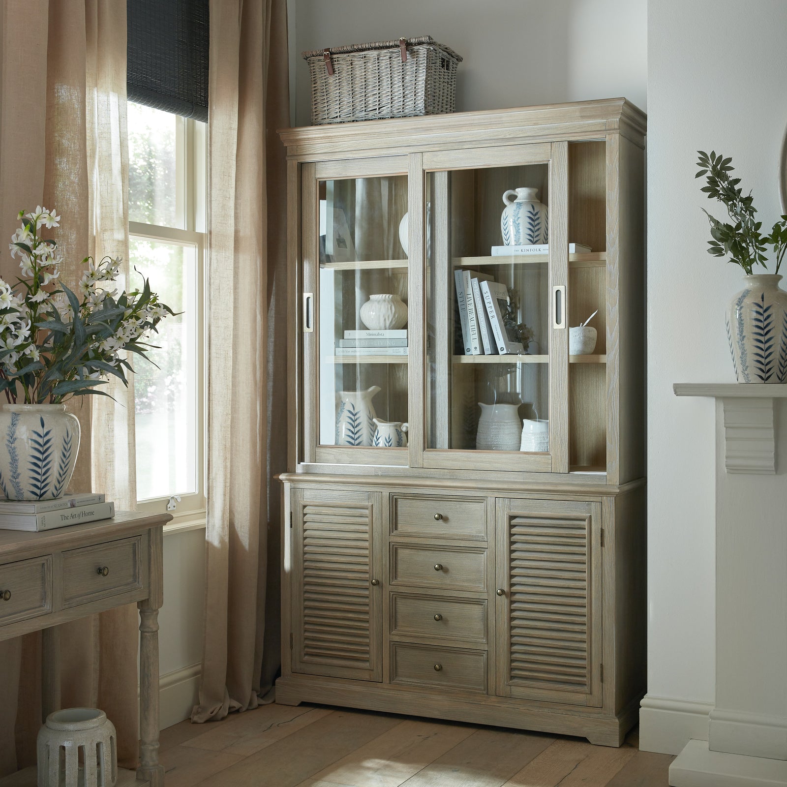 Delphine Collection Sliding Glass Dresser Top with sideboard
