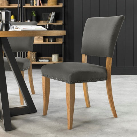 Rustic Oak Uph Chair - Gun Metal Velvet Fabric