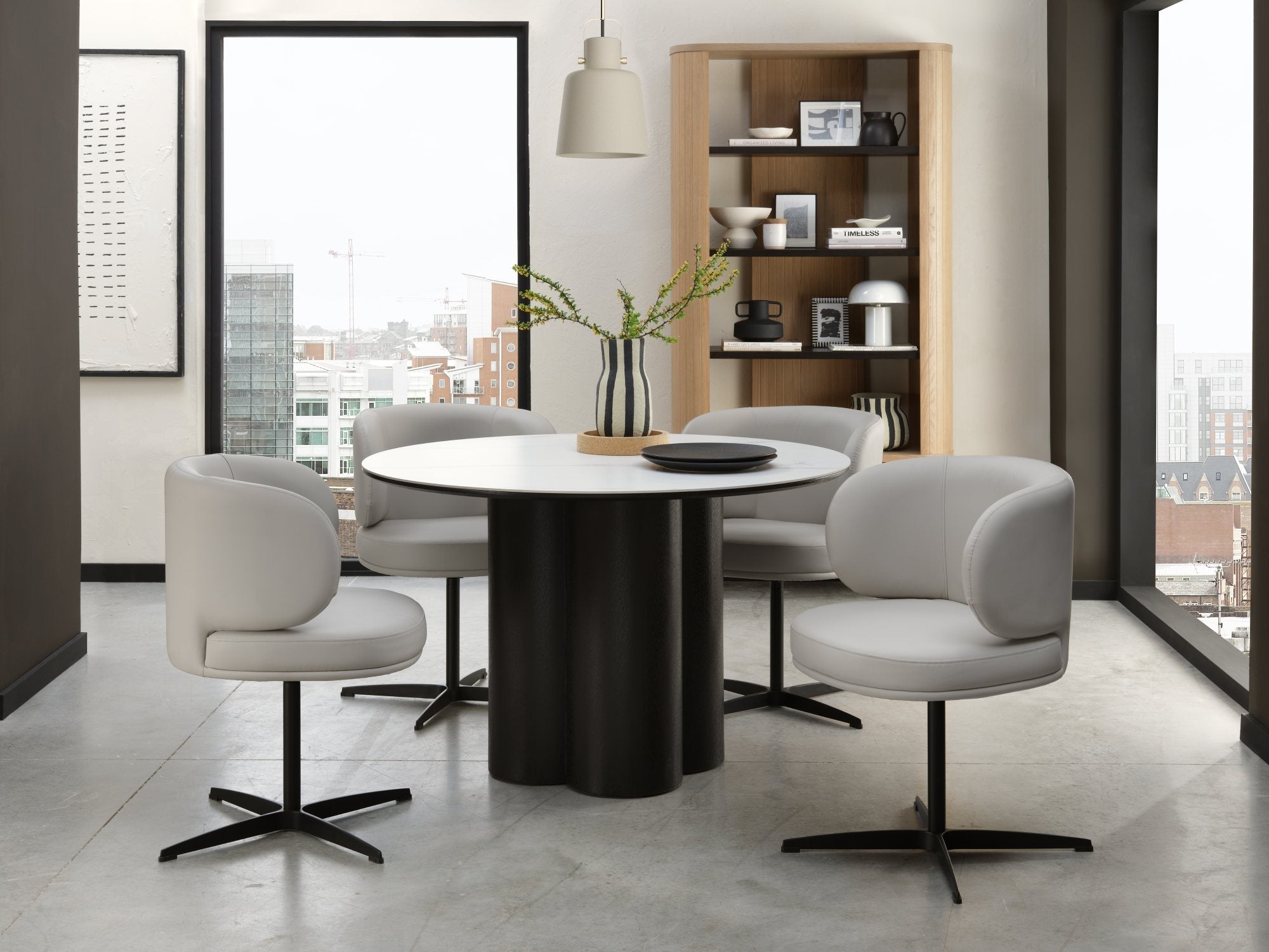 Warren Matt White Sintered Stone 4 Seater Table with Black Oak Veneer Pedestal