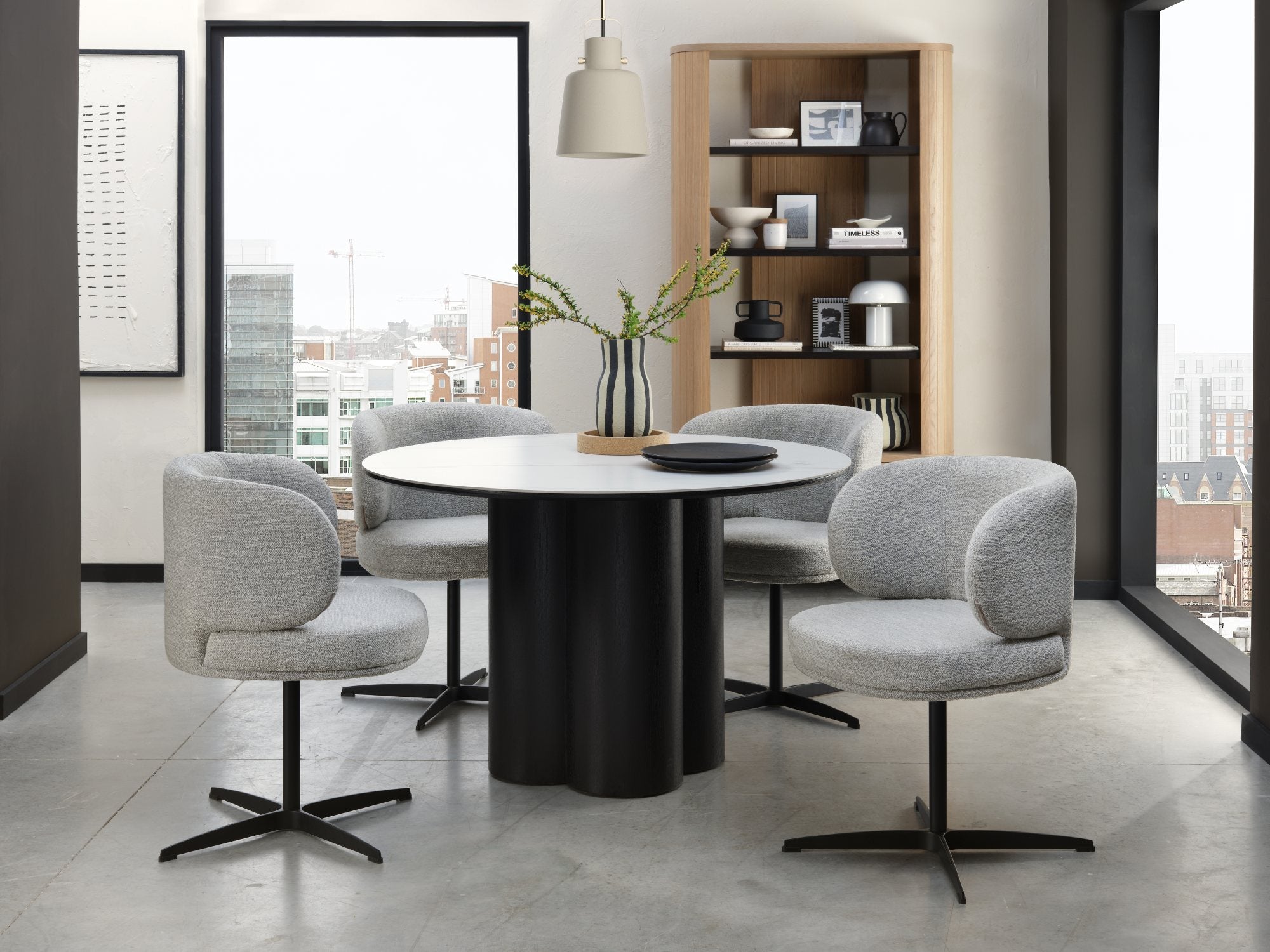 Warren Matt White Sintered Stone 4 Seater Table with Black Oak Veneer Pedestal