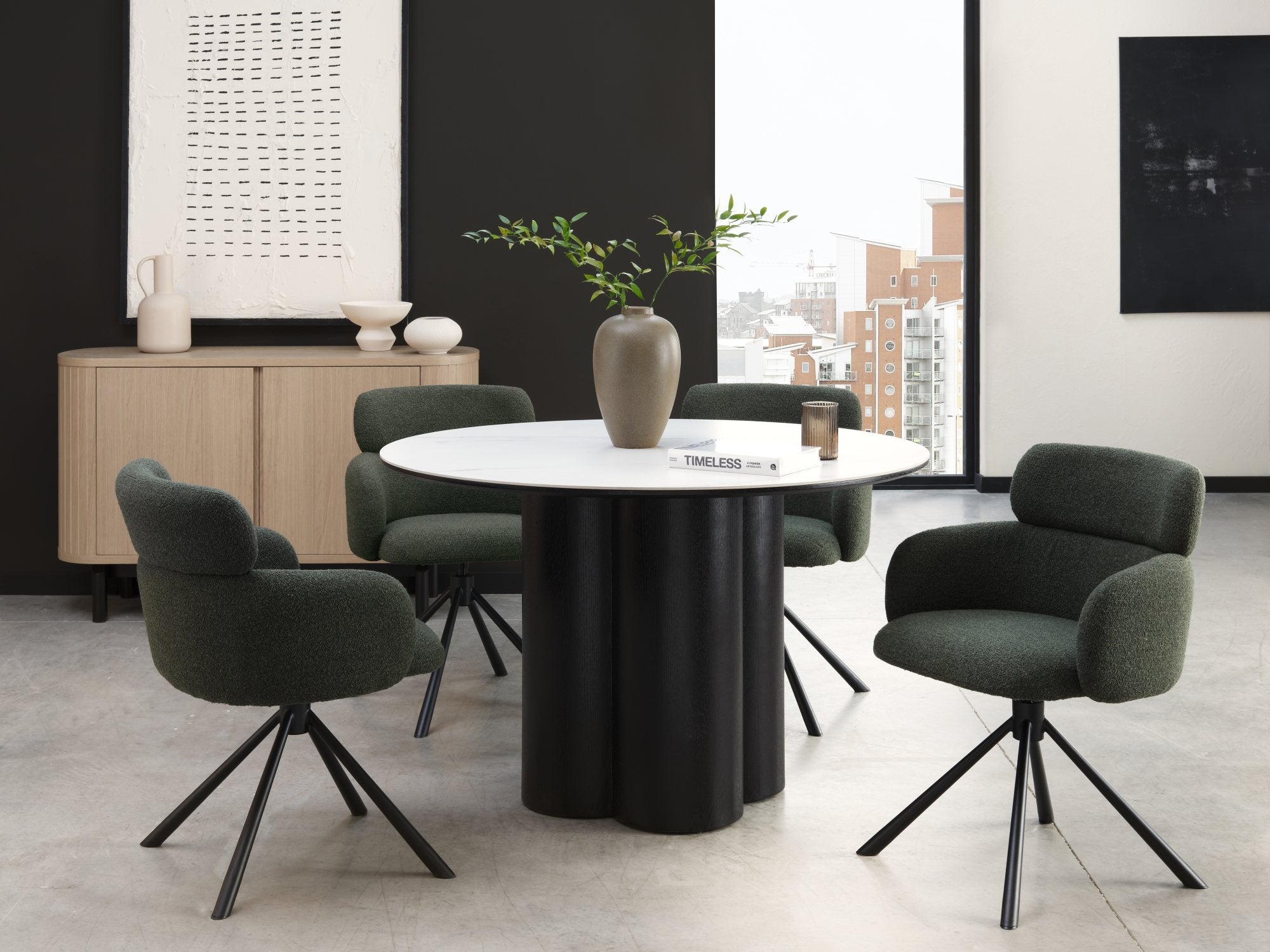 Warren Matt White Sintered Stone 4 Seater Table with Black Oak Veneer Pedestal