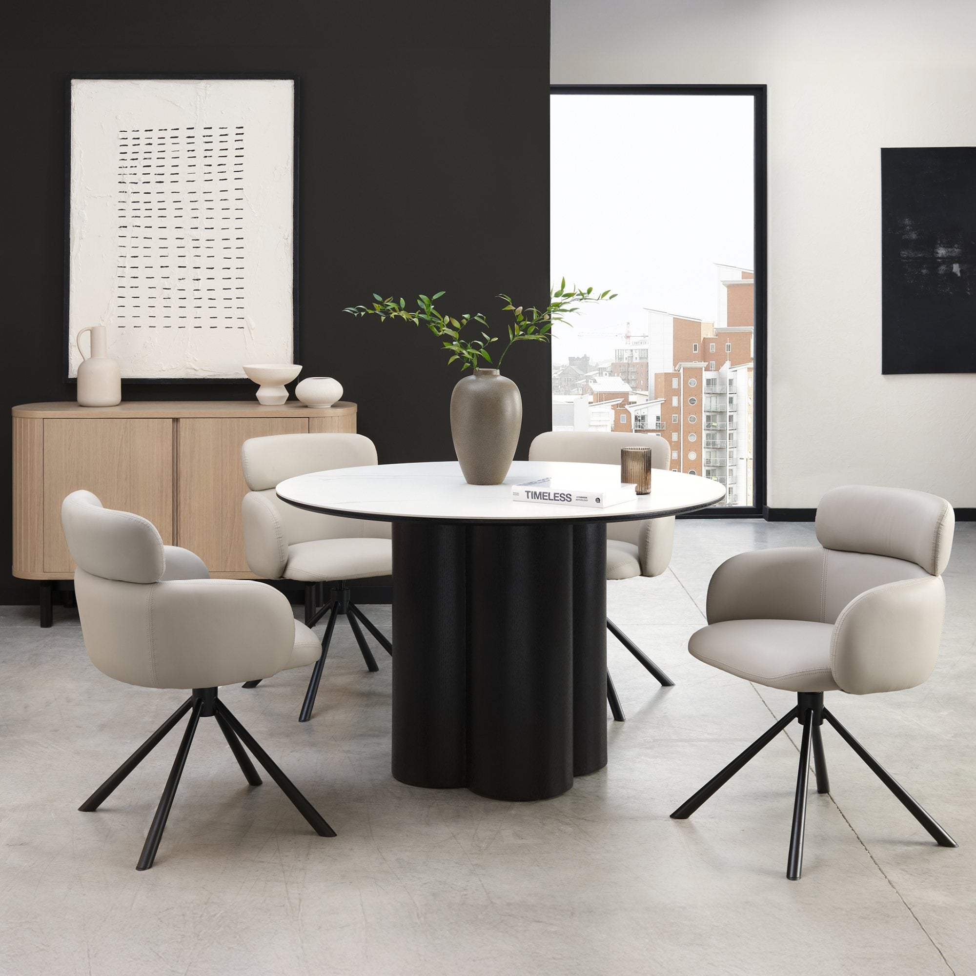 Warren Matt White Sintered Stone 4 Seater Table with Black Oak Veneer Pedestal