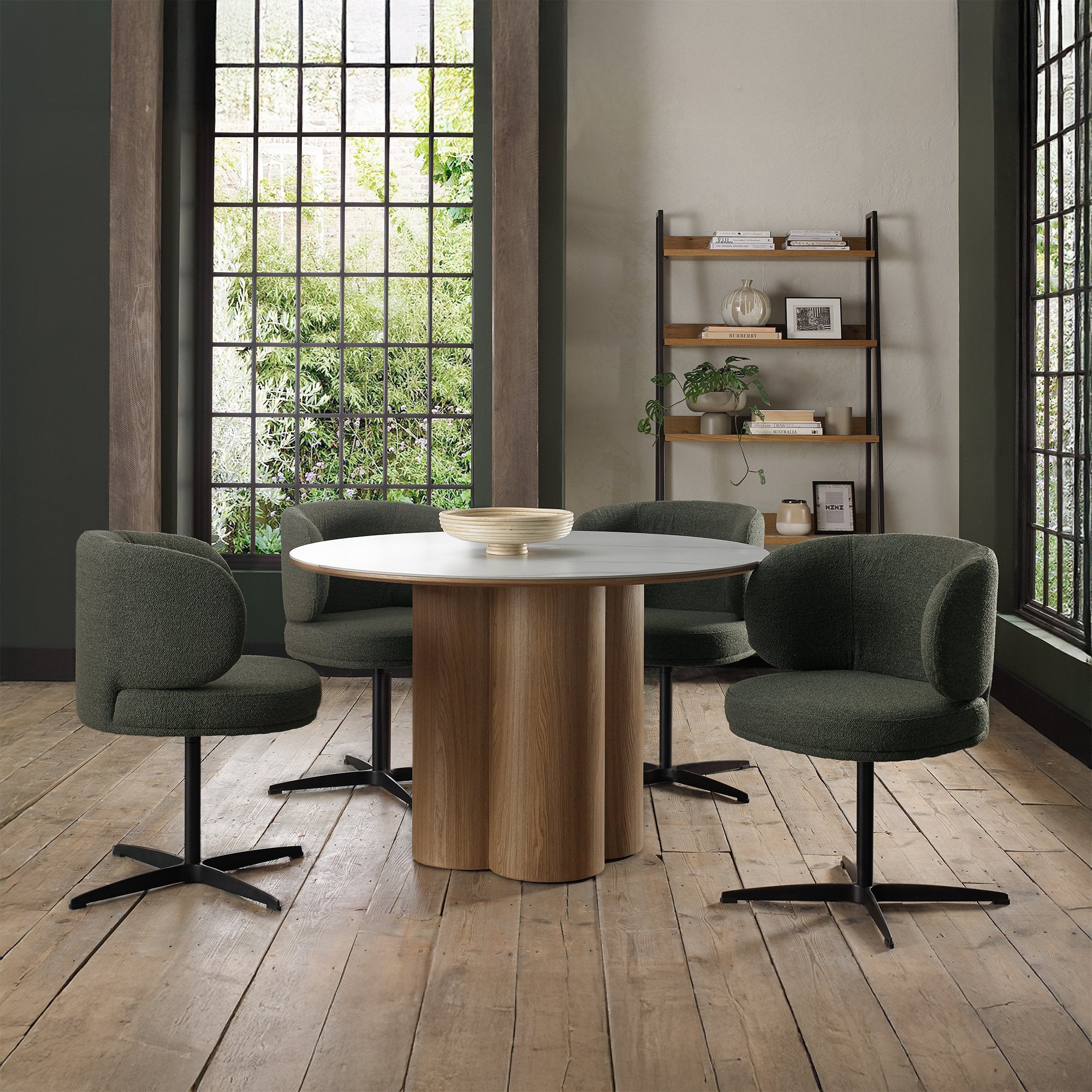 Warren Matt White Sintered Stone 4 Seater Table with Oak Veneer Pedestal