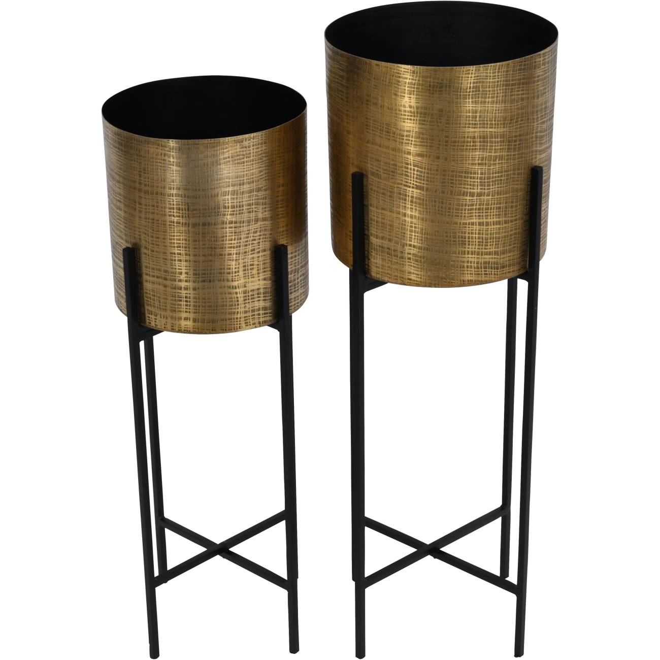 Clyde Floor Standing Brass Set of 2 Planters on Black Stands
