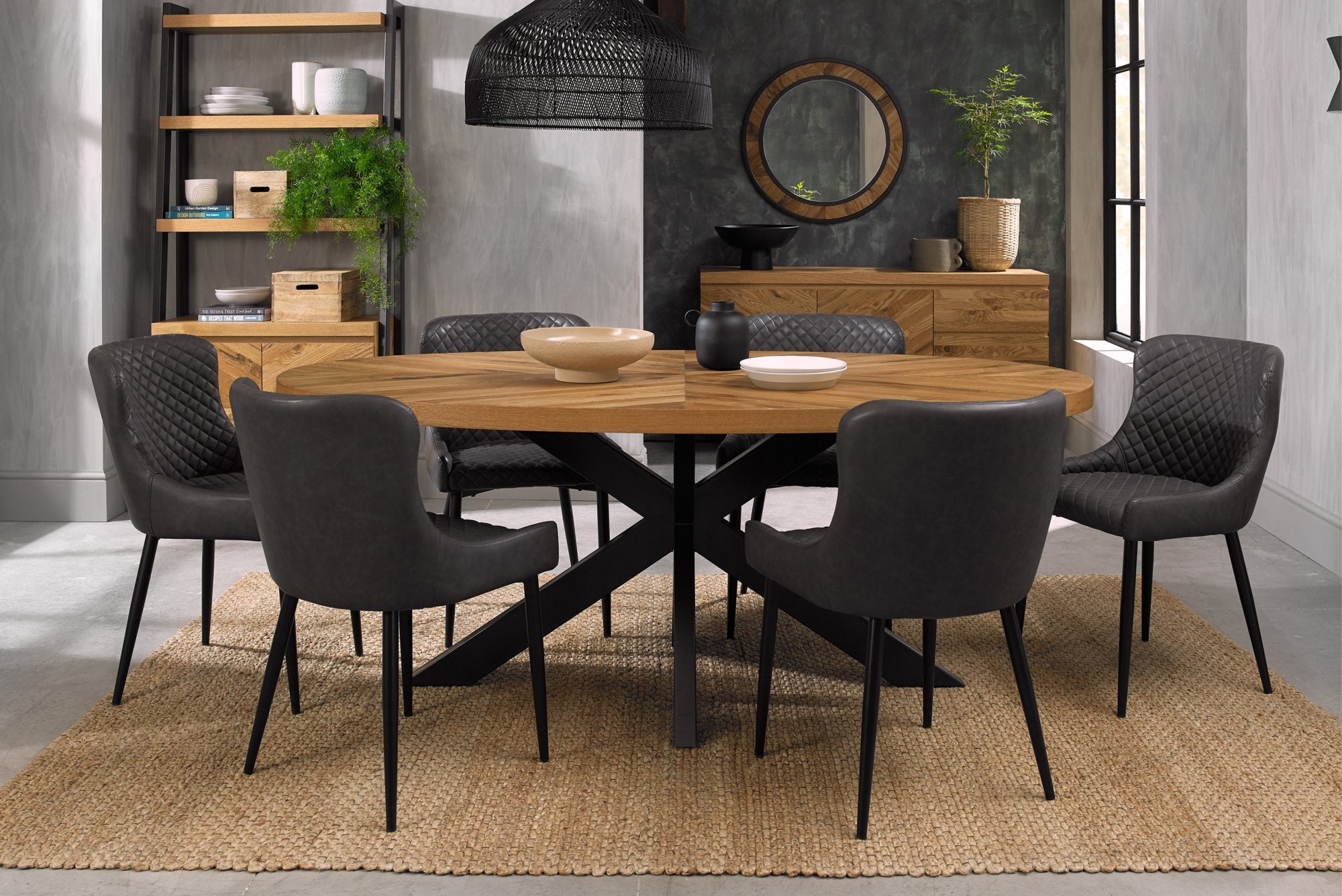 EllipseRustic Oak 6 Seater Oval Dining Table & 6 Grey Faux Leather Cezanne Dining Chairs