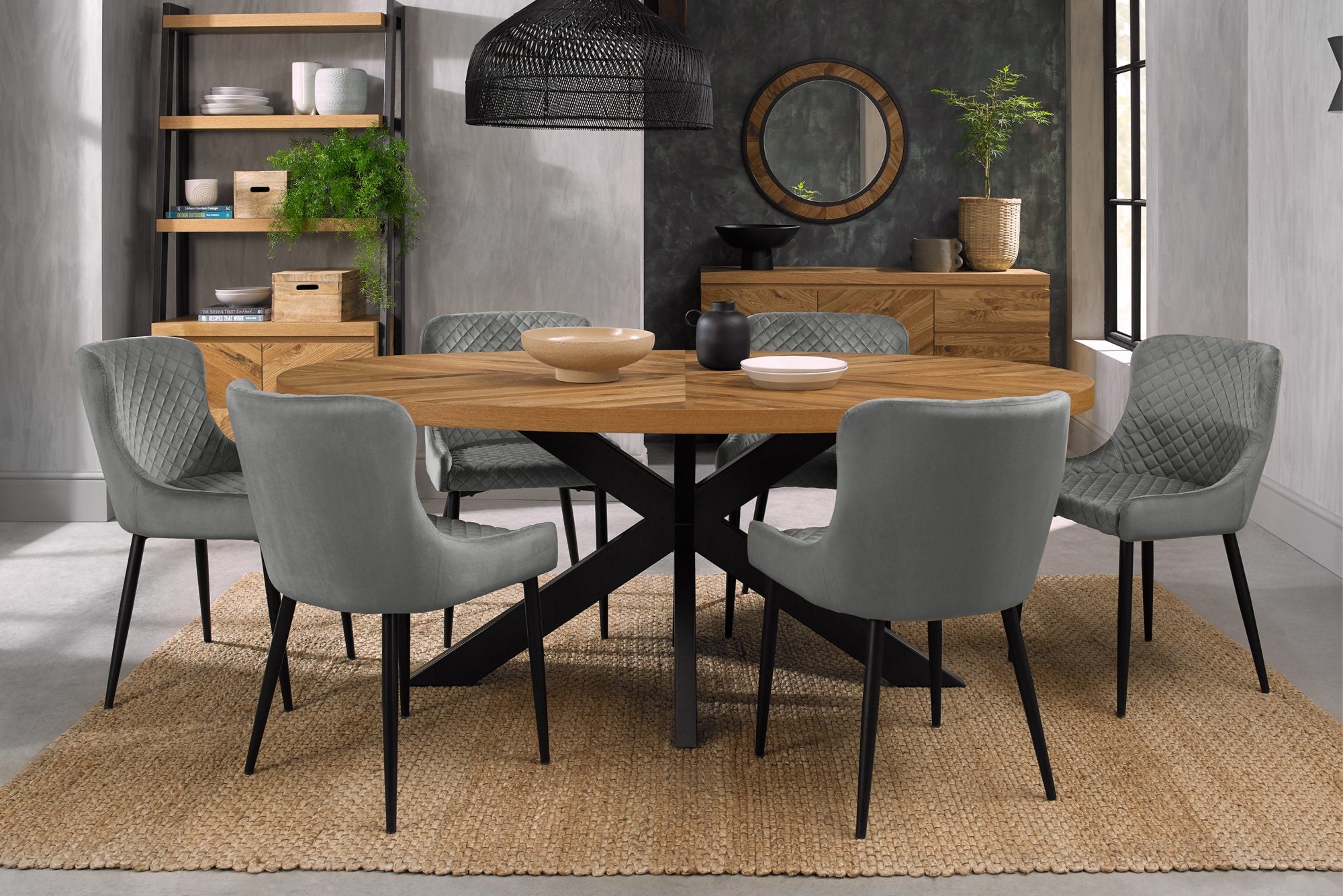 EllipseRustic Oak 6 Seater Oval Dining Table & 6 Grey Faux Leather Cezanne Dining Chairs