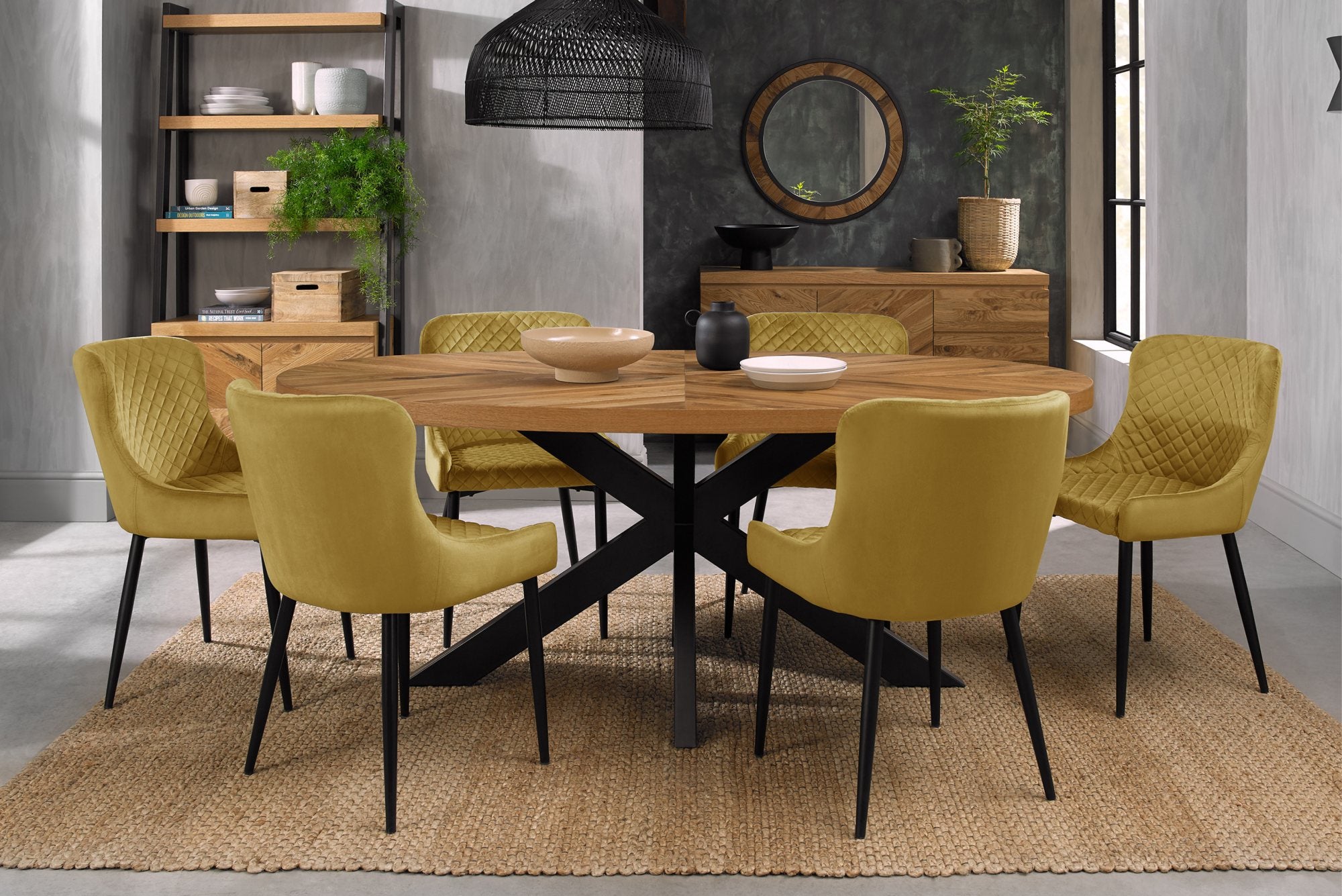 EllipseRustic Oak 6 Seater Oval Dining Table & 6 Grey Faux Leather Cezanne Dining Chairs