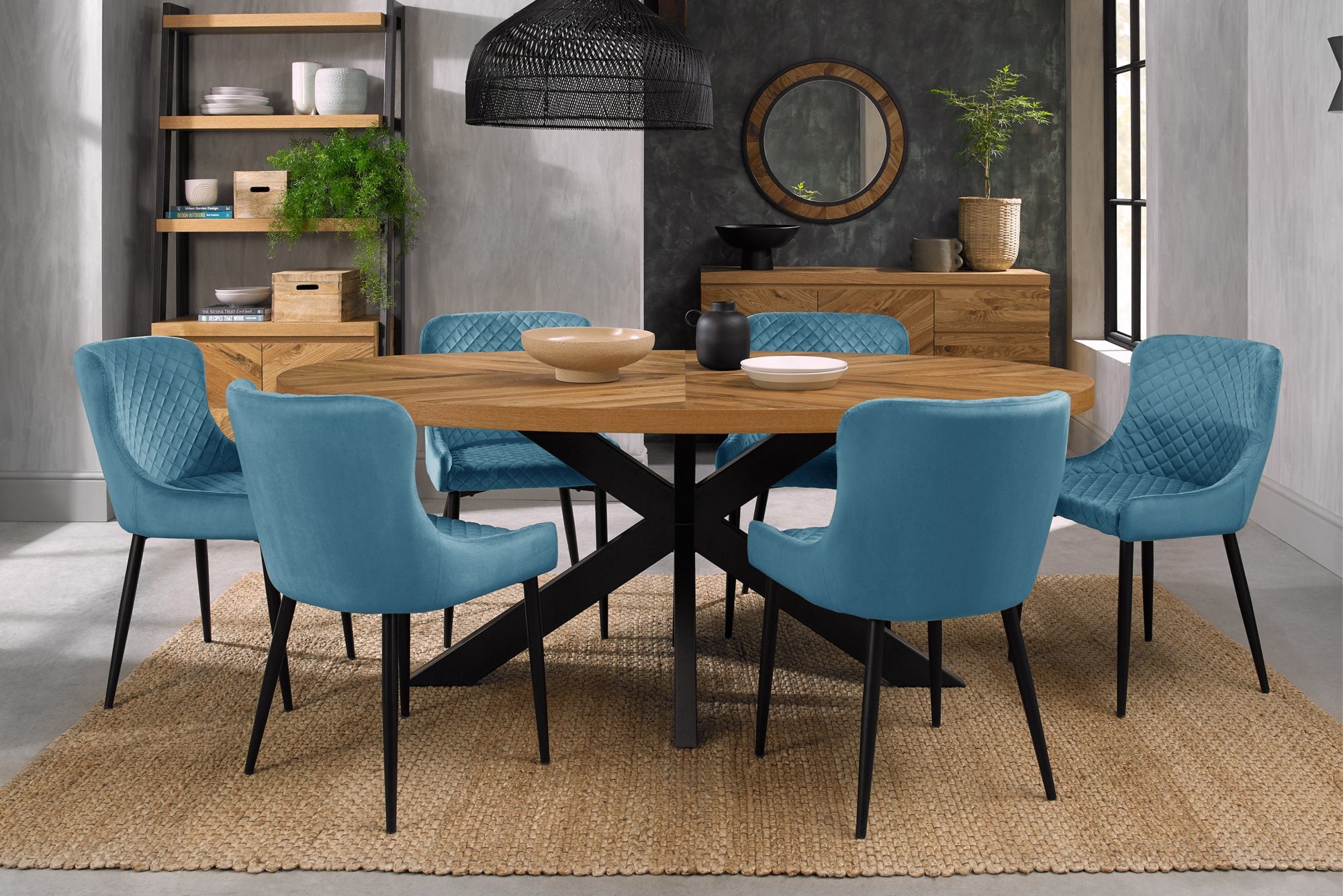 EllipseRustic Oak 6 Seater Oval Dining Table & 6 Grey Faux Leather Cezanne Dining Chairs