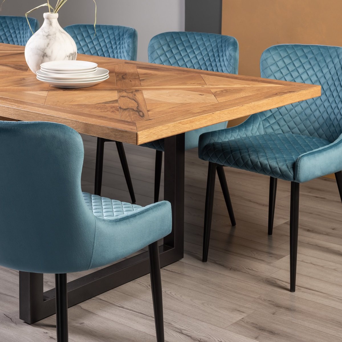 Indus Rustic Oak 6-8 Seater Extendable Dining Table & 6  Cezanne Dining Chairs