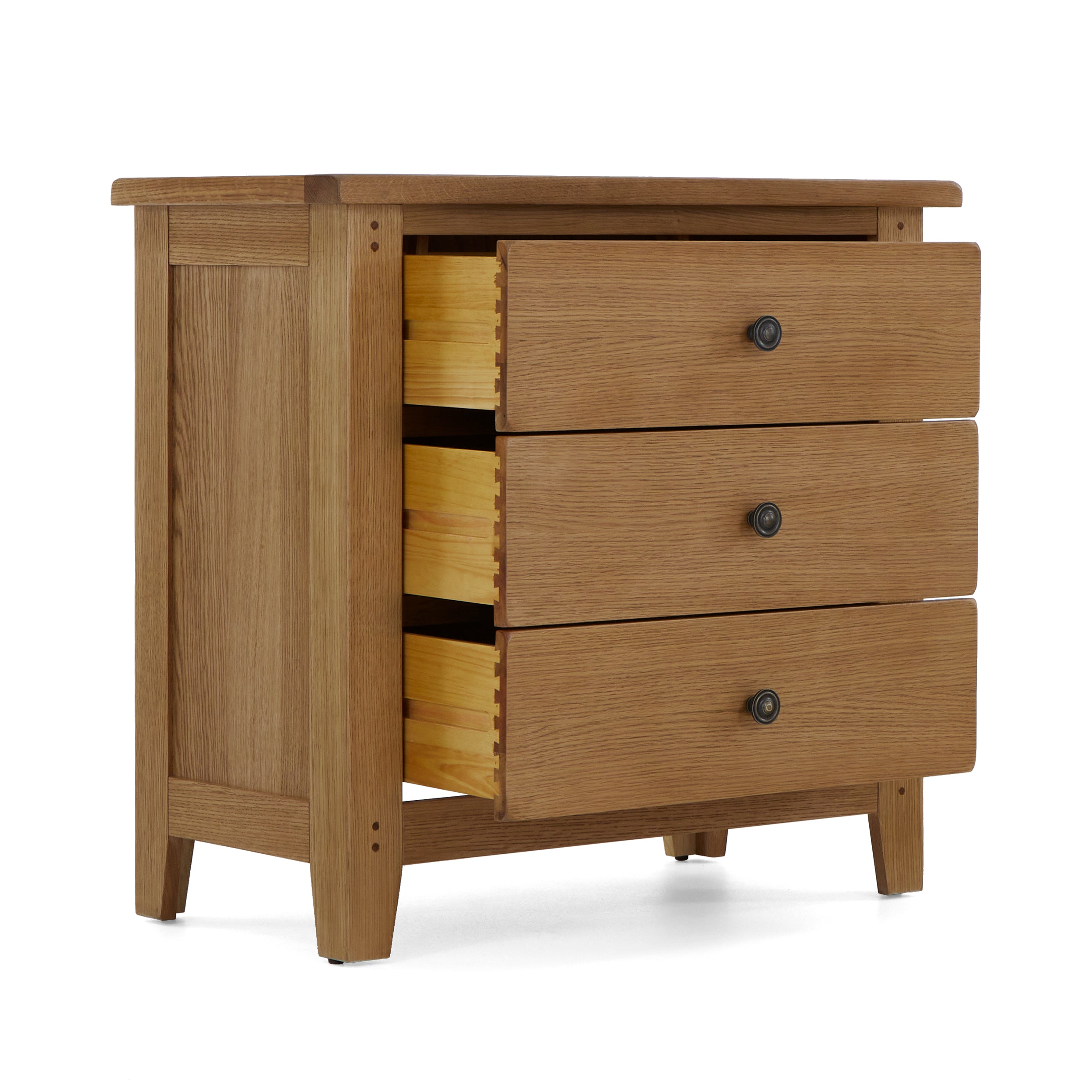 Burford Wide Oak 3 Drawer bedside chest