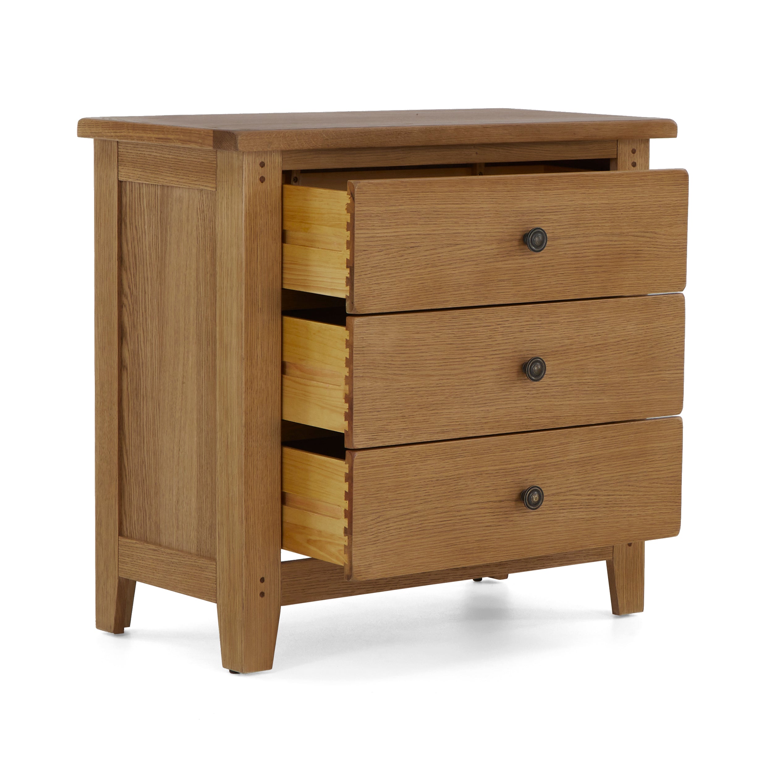 Burford Wide Oak 3 Drawer bedside chest