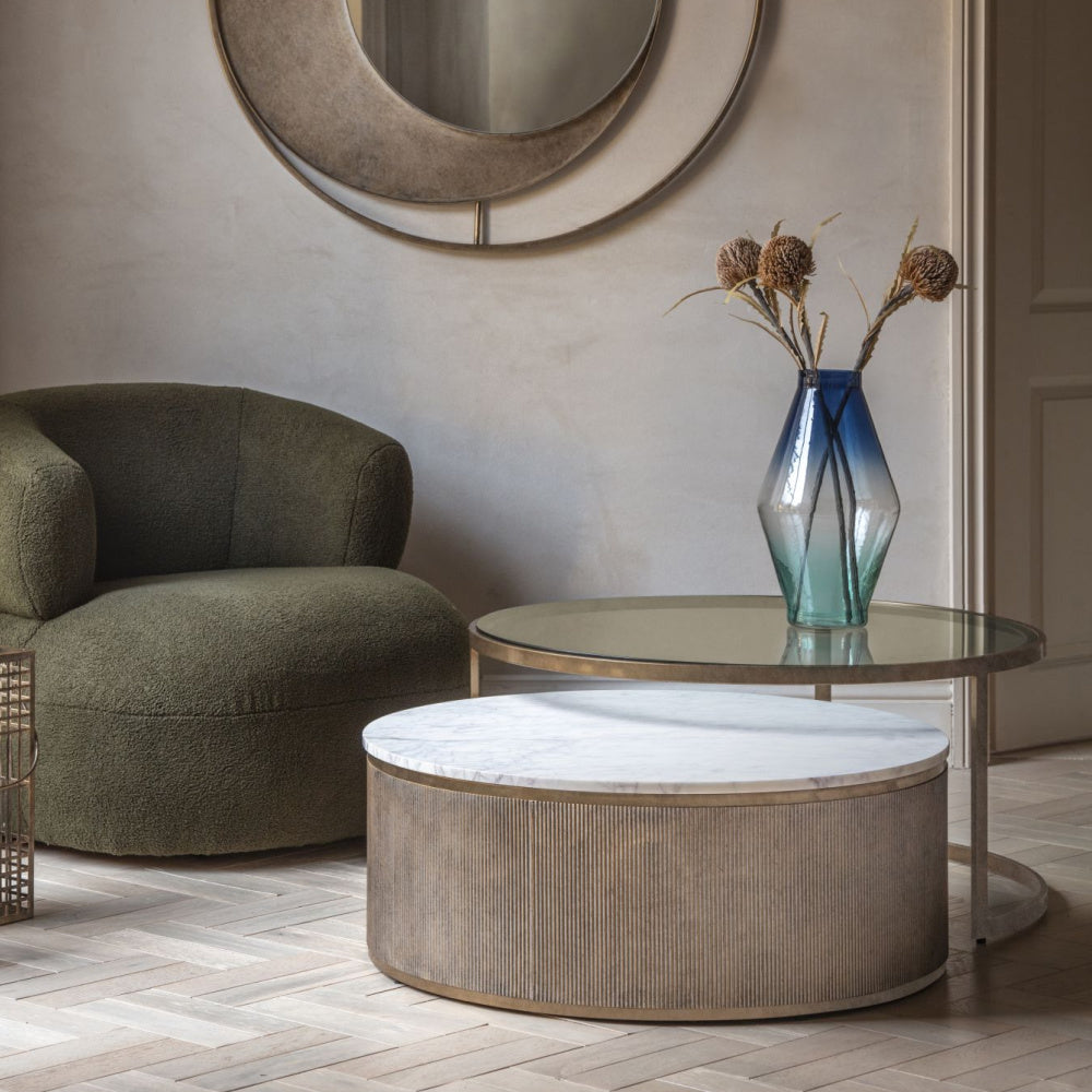 Belvedere Aged Gold Set of 2 Nesting Coffee Tables with Marble and Tinted Glass