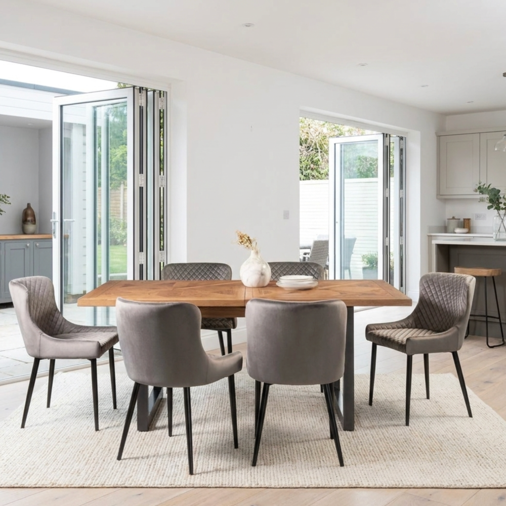 Indus Rustic Oak 6-8 Seater Extendable Dining Table & 6  Cezanne Dining Chairs