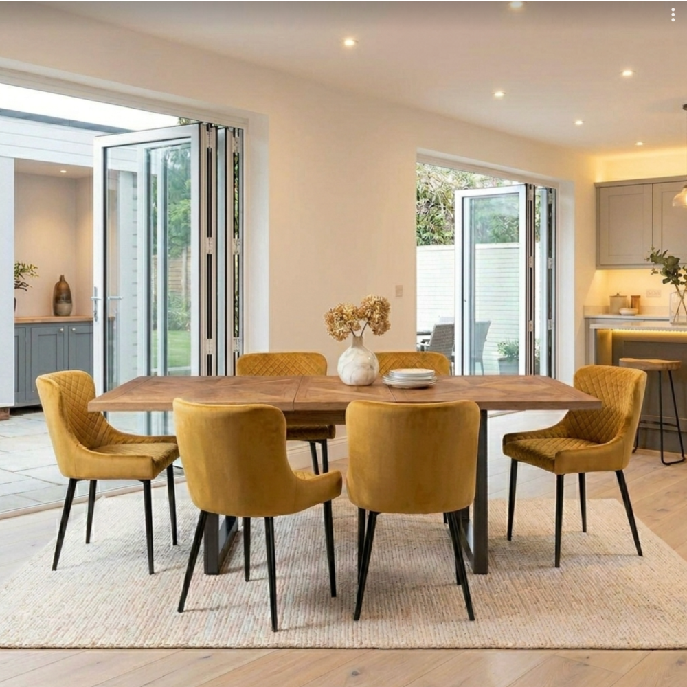 Indus Rustic Oak 6-8 Seater Extendable Dining Table & 6 Mustard Yellow Cezanne Dining Chairs