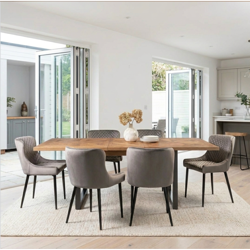 Indus Rustic Oak 6-8 Seater Extendable Dining Table & 6 Light Grey Cezanne Dining Chairs