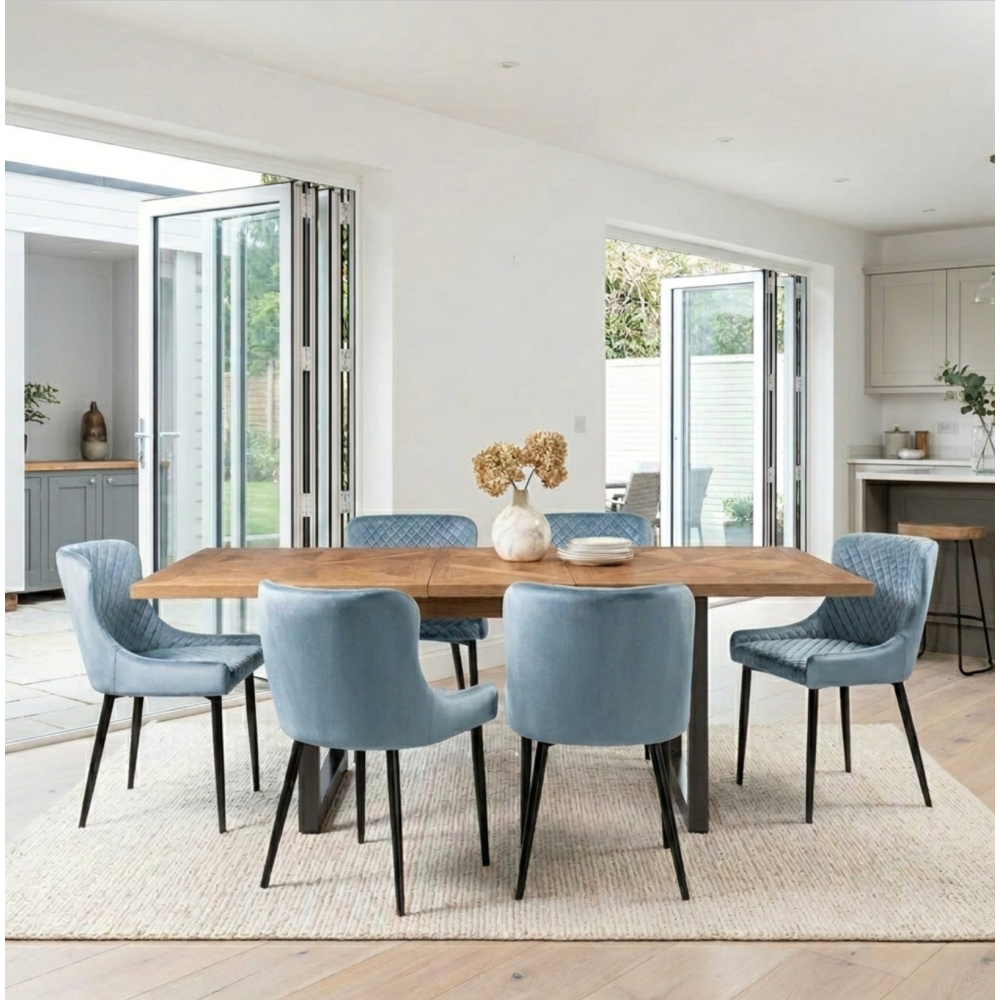 Indus Rustic Oak 6-8 Seater Extendable Dining Table & 6 Azure Blue Cezanne Dining Chairs