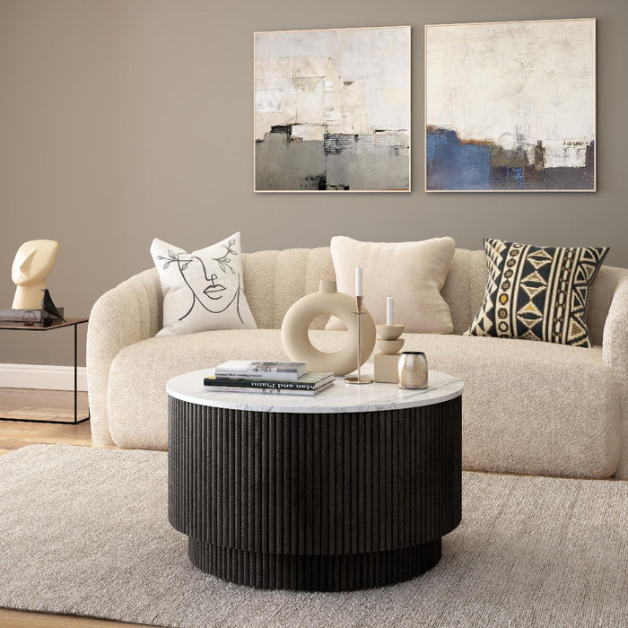 Lucas Black Mango & Marble Round Fluted Coffee Table