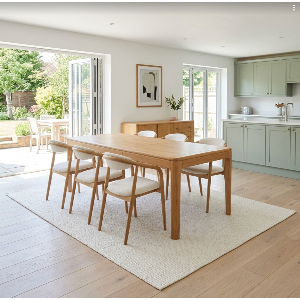 Dining area with wooden table and chairs in a modern kitchen.