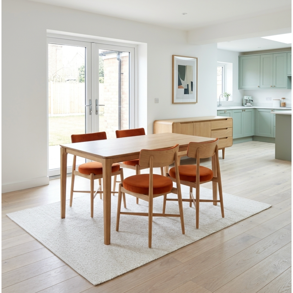 G Plan Winchester 135 – 190cm Extending Dining Table with G-plan Burnt Orange Flora chairs