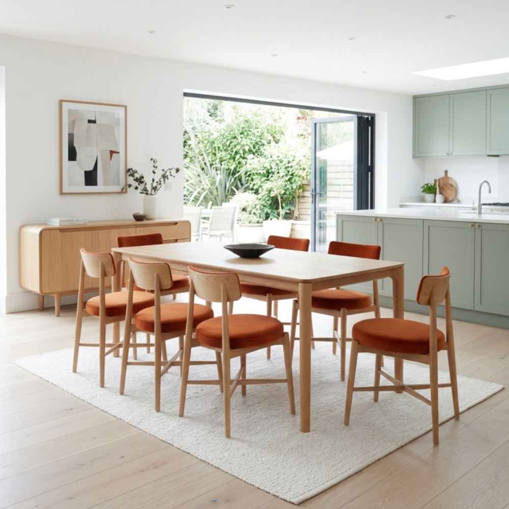G Plan Winchester 135 – 190cm Extending Dining Table with G-plan Burnt Orange Flora chairs