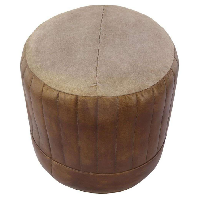 Brown Round Leather Pouf