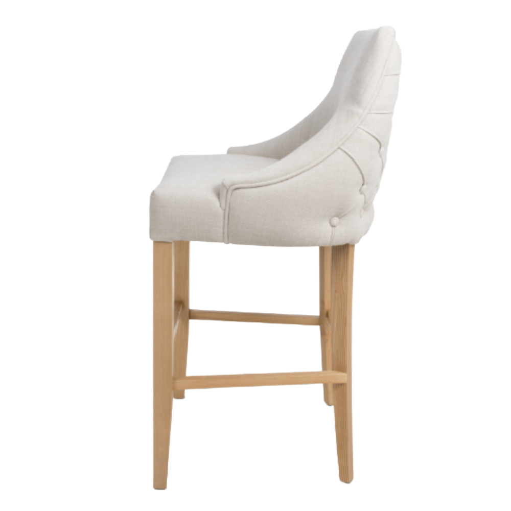 Cole Linen Fabric Buttoned Bar Stool Chair Oak Wood Legs