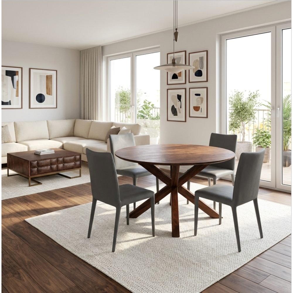 Dining area with a wooden table and gray chairs in a modern living room.