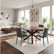 Dining area with a wooden table and gray chairs in a modern living room.