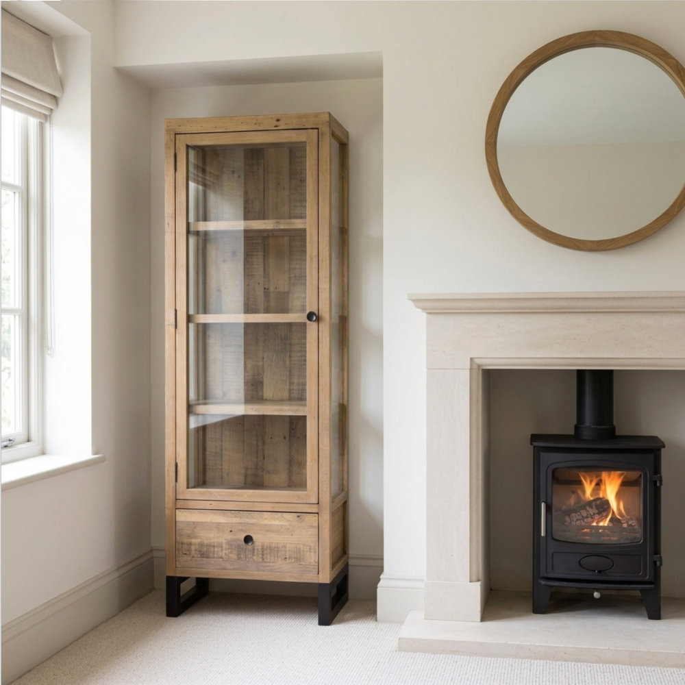 Wooden display cabinet next to a fireplace with a round mirror above it.