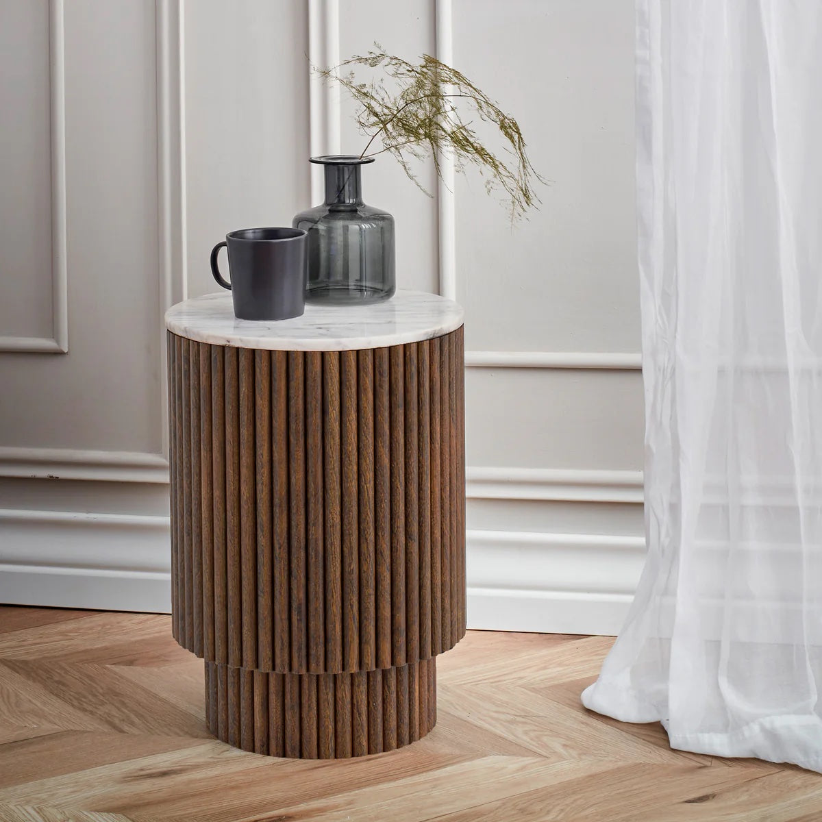 Harvard Walnut Mango & Marble Fluted Side Table with Door