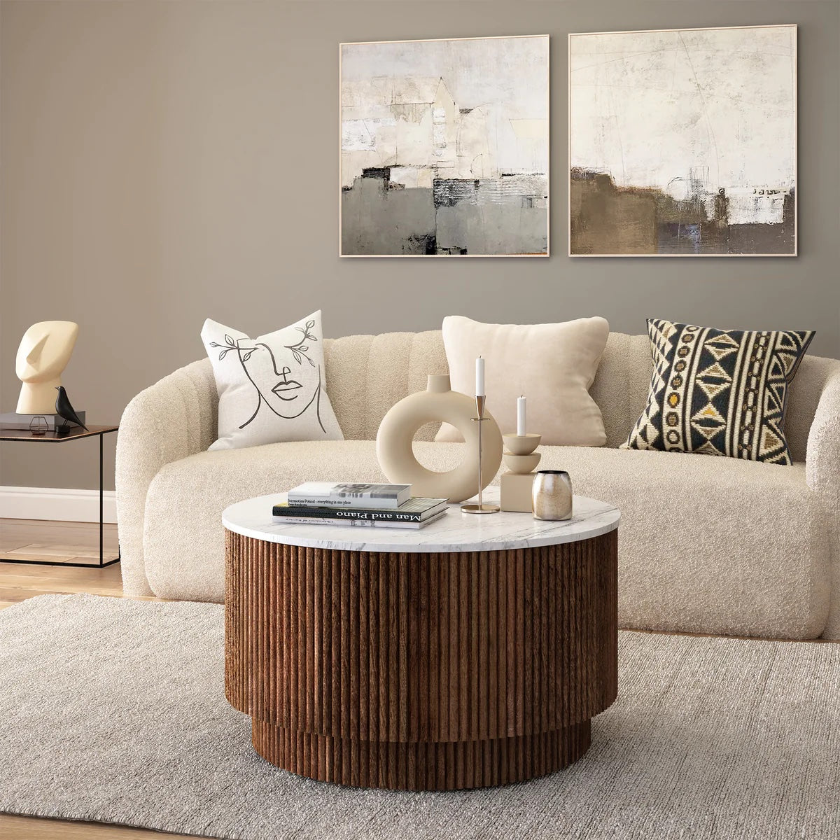 Lucas Mango & Marble Round Fluted Coffee Table