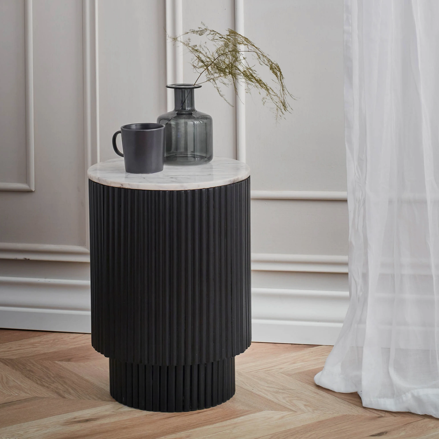 Harvard Walnut Mango & Marble Fluted Side Table with Door