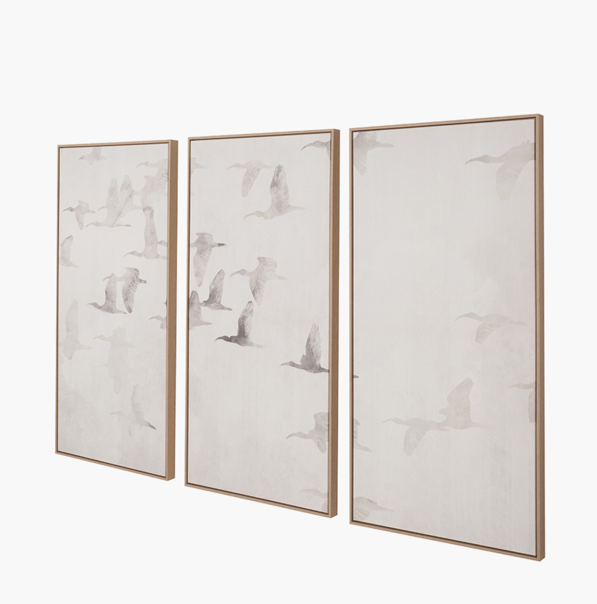 S/3 Natural and White Birds Canvases with Natural Frames