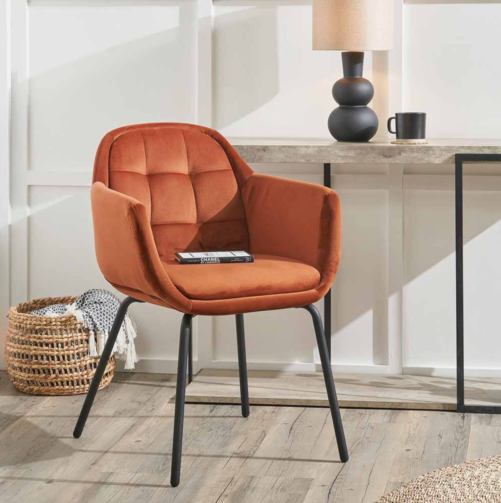 Alba Cinnamon Velvet and Black Metal Carver Dining Chair