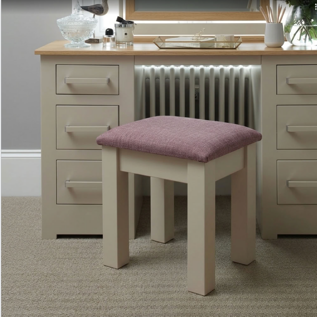 Modo dressing table stool Linoso Heather fabric painted cotton.
