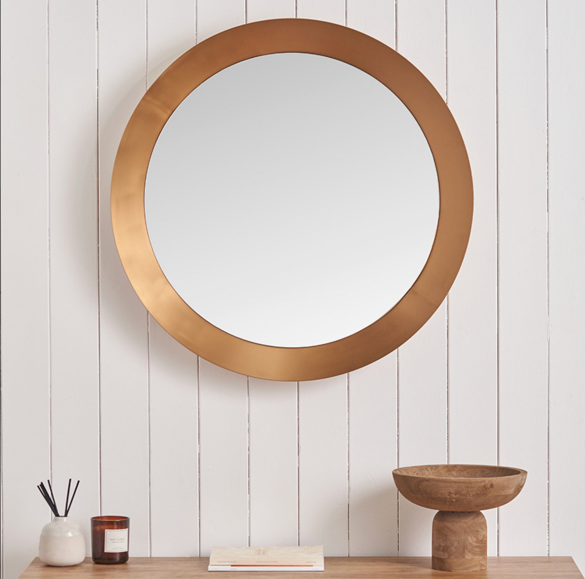 Burnished Gold Metal Angled Frame Round Mirror Large