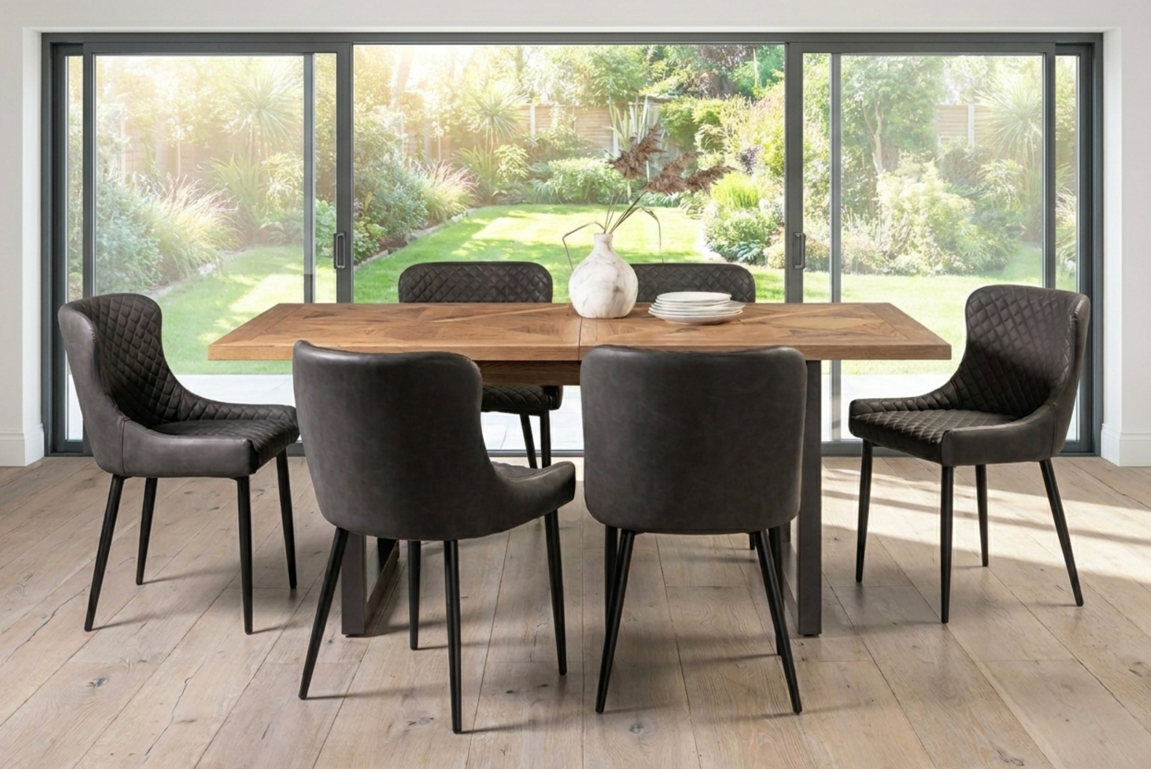 Indus Rustic Oak 6-8 Seater Extendable Dining Table & 6  Cezanne Dining Chairs