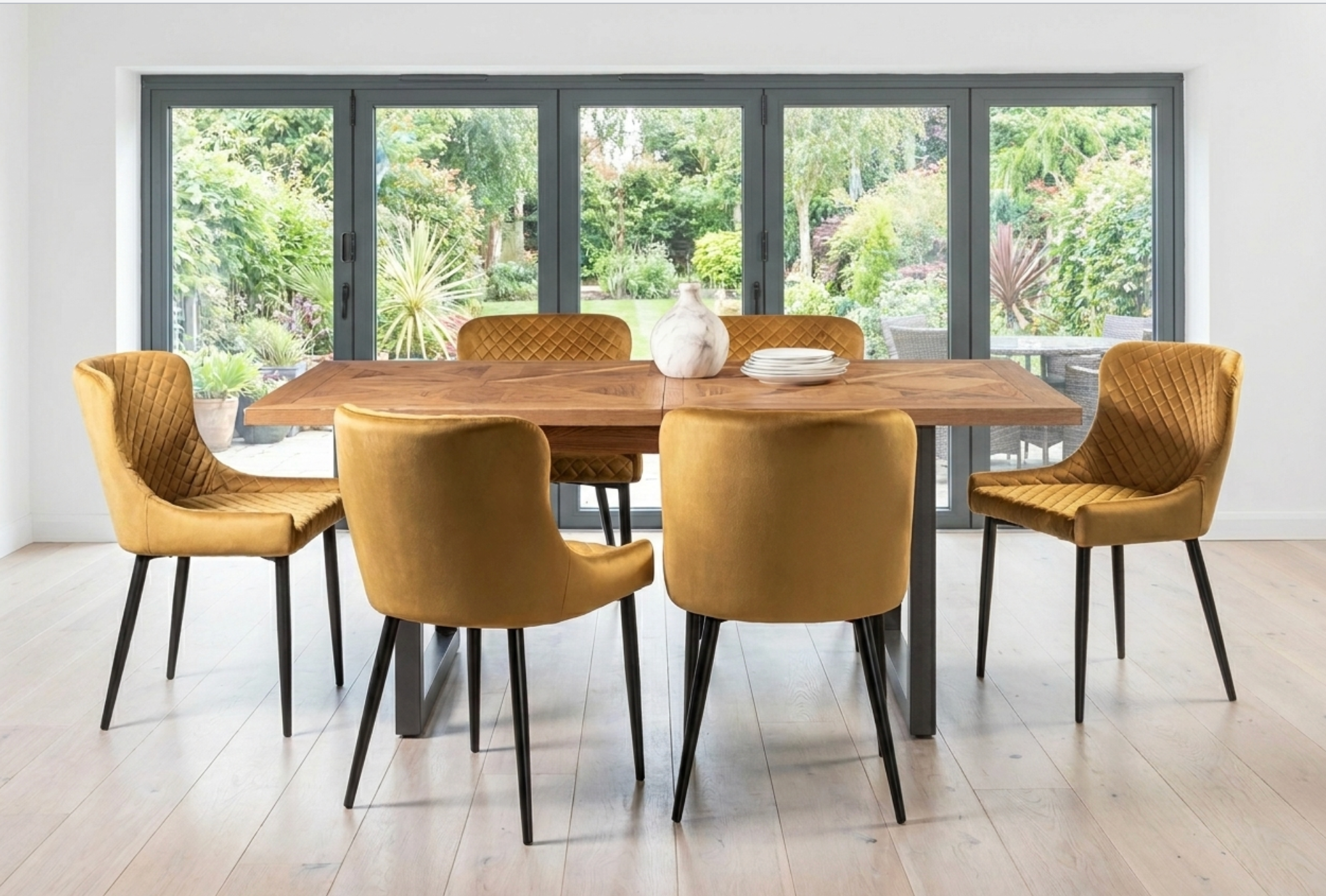 Indus Rustic Oak 6-8 Seater Extendable Dining Table & 6  Cezanne Dining Chairs