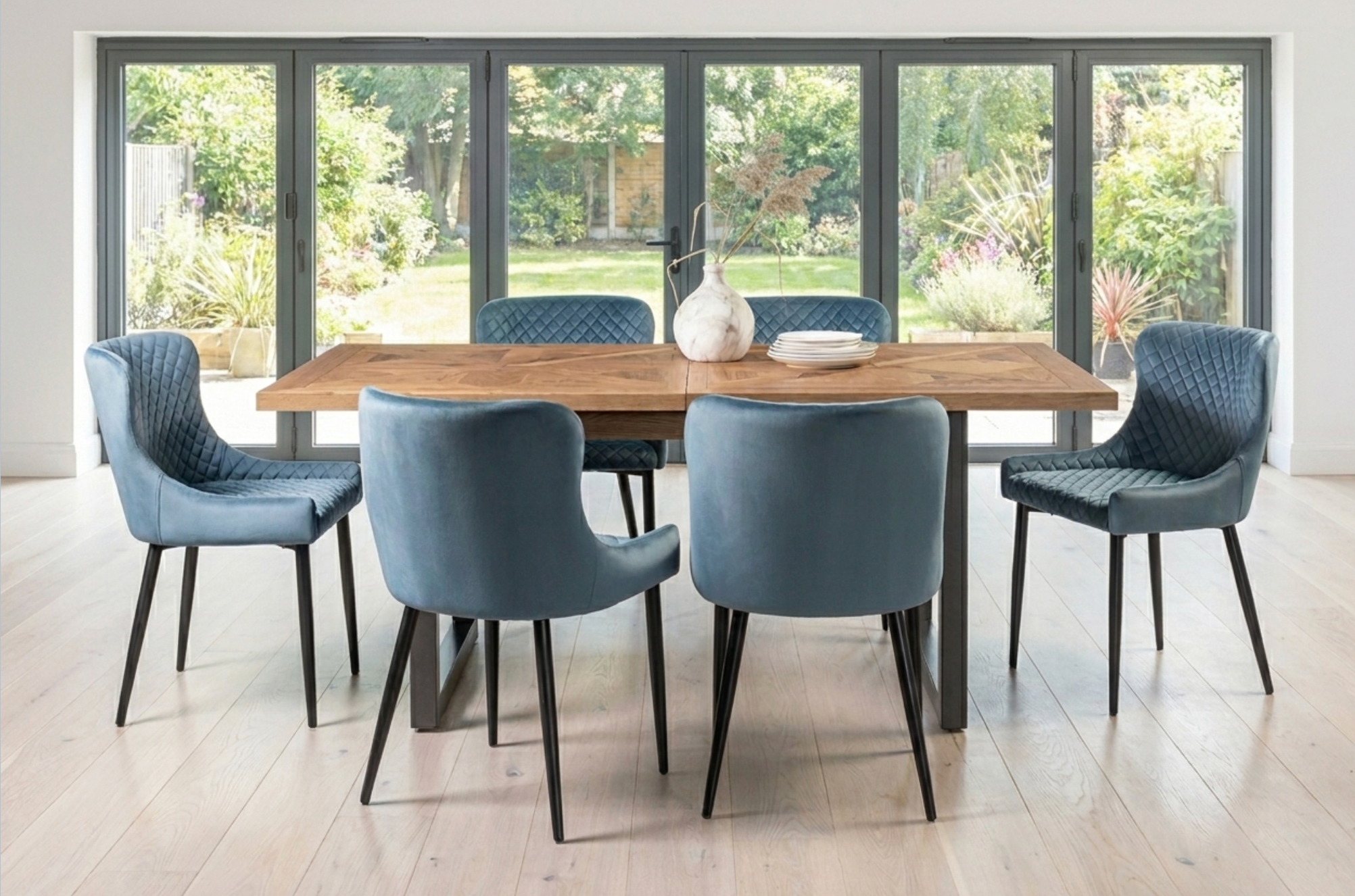 Indus Rustic Oak 6-8 Seater Extendable Dining Table & 6  Cezanne Dining Chairs