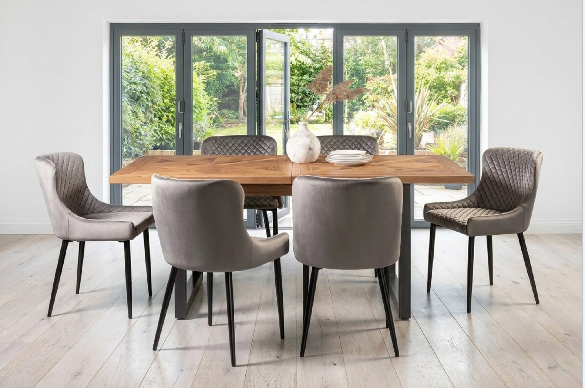 Indus Rustic Oak 6-8 Seater Extendable Dining Table & 6  Cezanne Dining Chairs