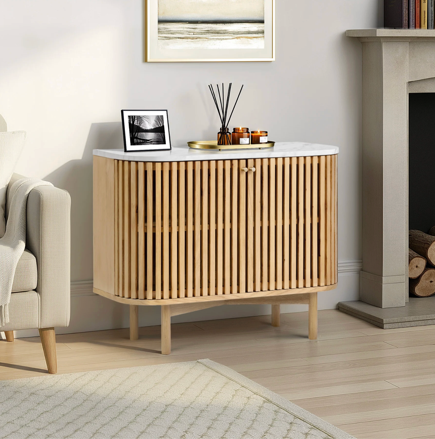 Soho Oak & Marble Slatted Small Sideboard