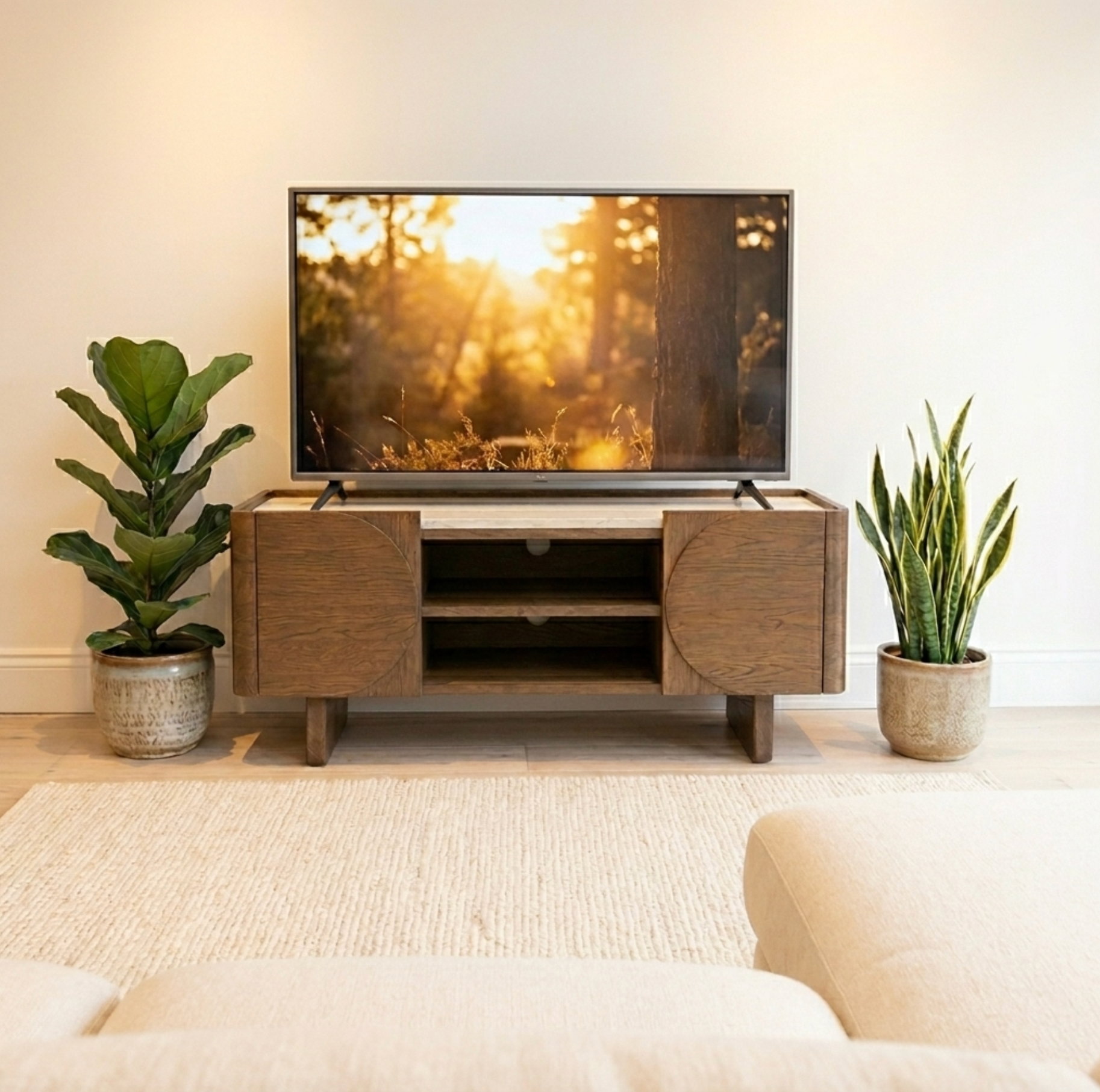 Ida Walnut Finish TV Unit with Travertine Stone Top