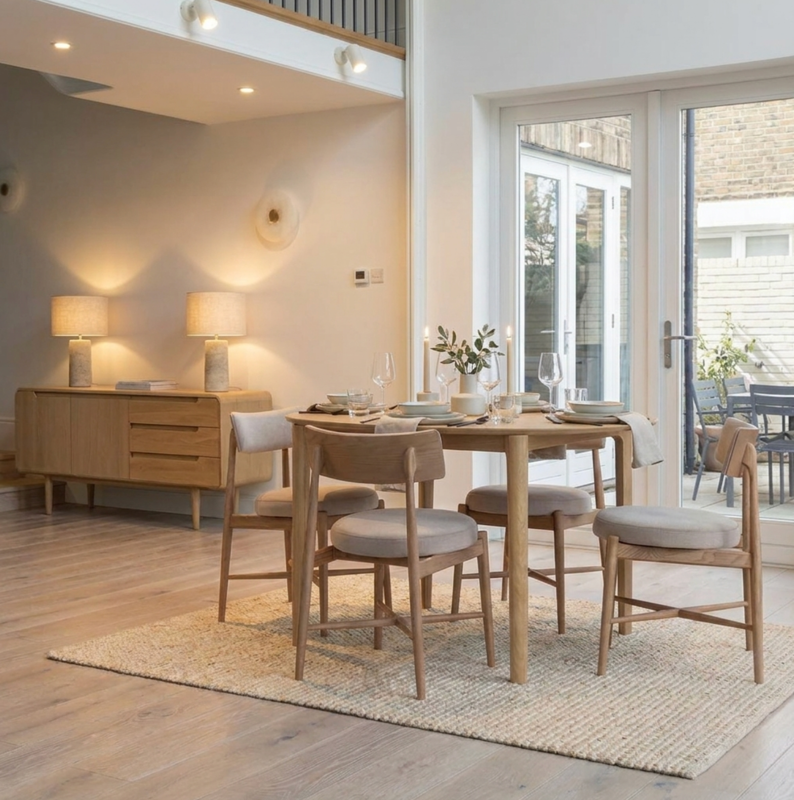 G Plan Winchester 130 - 170cm D-End Extending Dining Table with 6 Taupe Flora chairs
