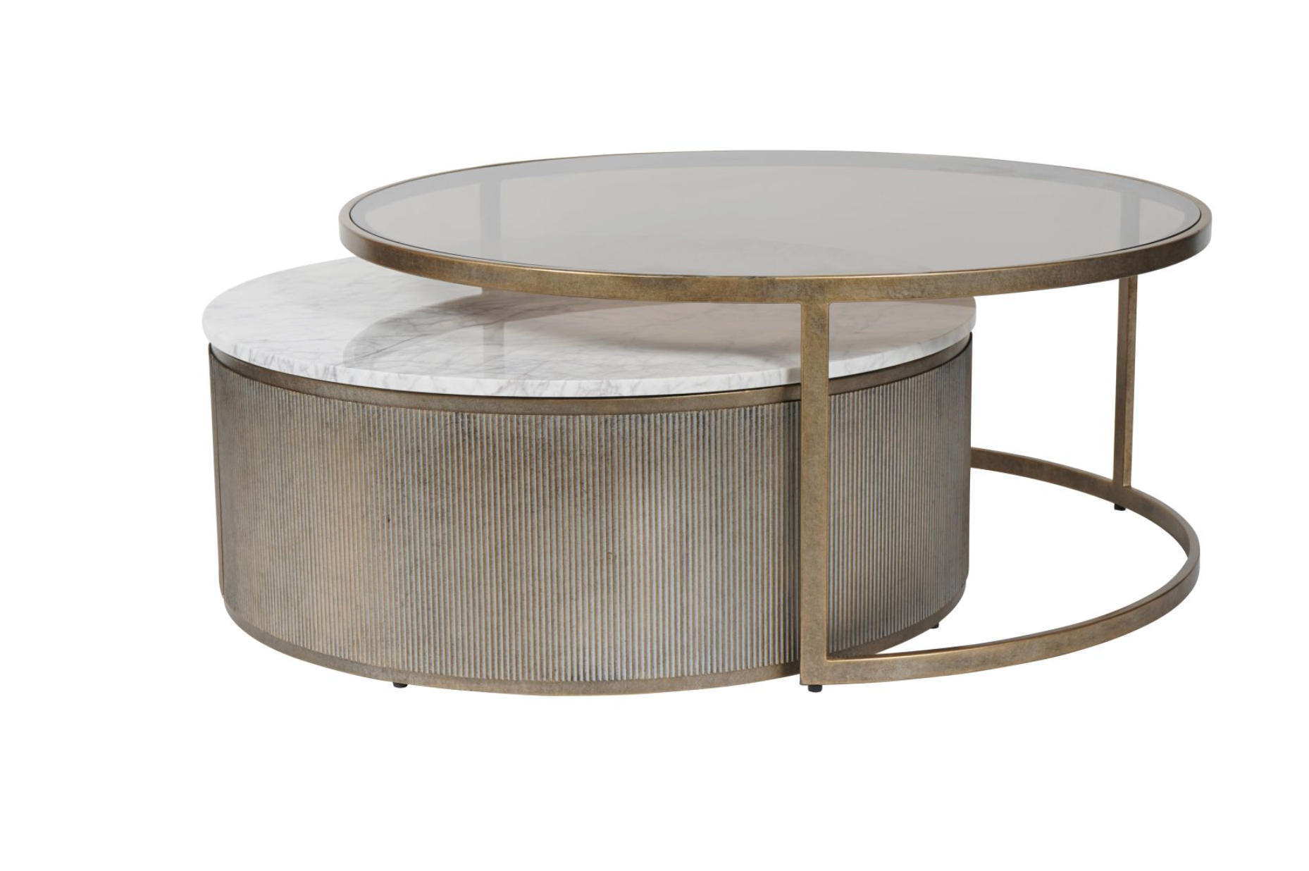 Belvedere Aged Gold Set of 2 Nesting Coffee Tables with Marble and Tinted Glass