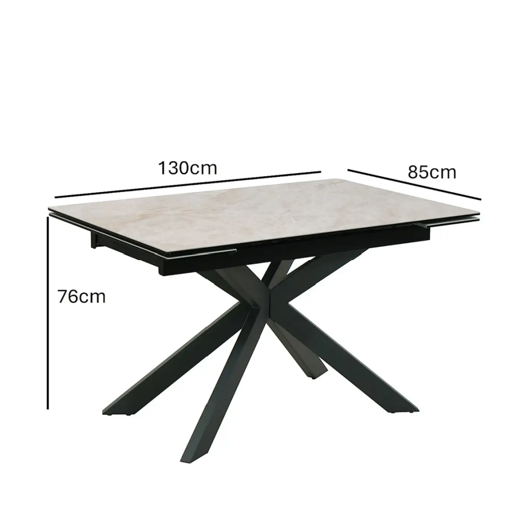 Indus Valley Apollo Sand Ceramic Extending Dining Table With 6 Aura Chairs