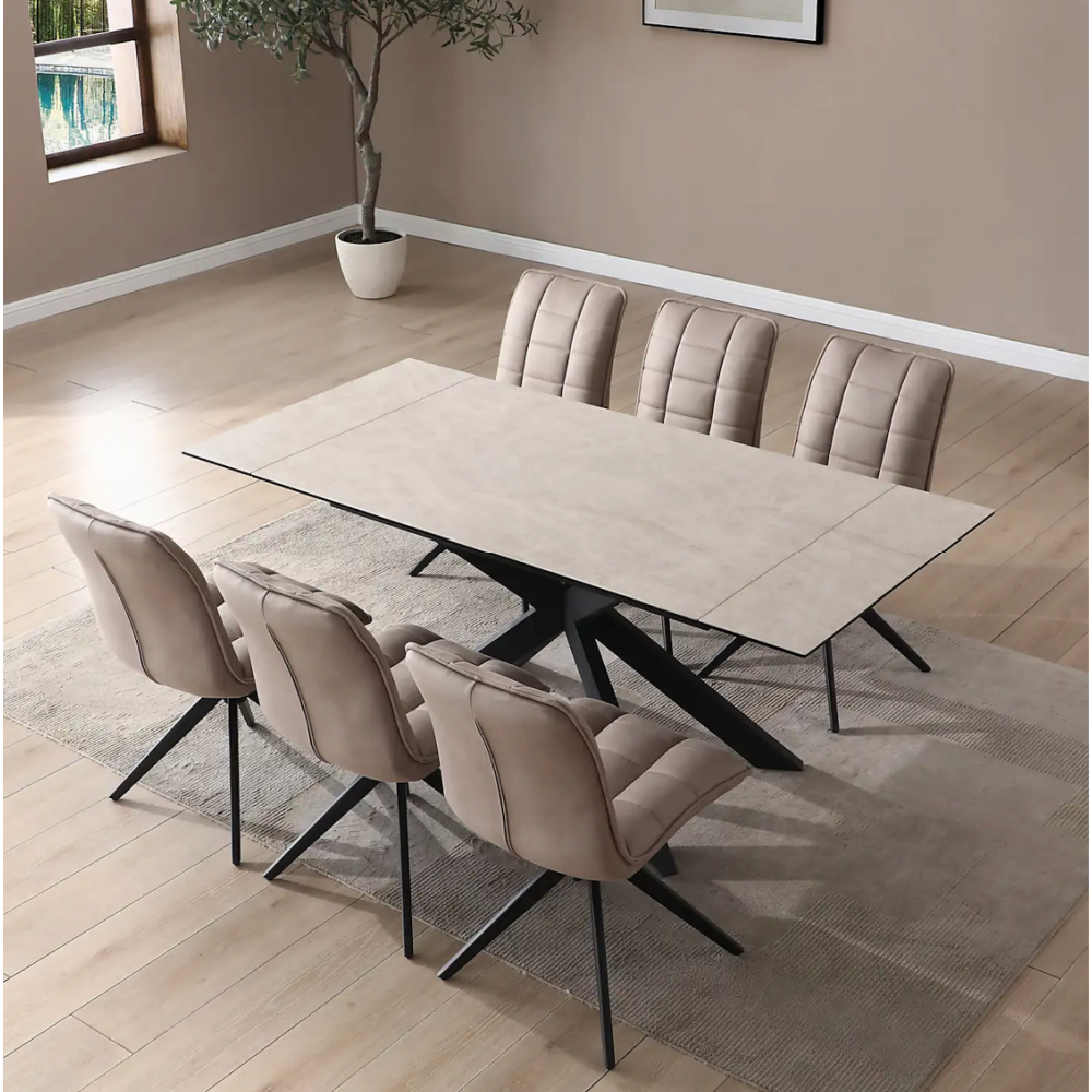 Indus Valley Apollo Sand Ceramic Extending Dining Table With 6 Aura Chairs