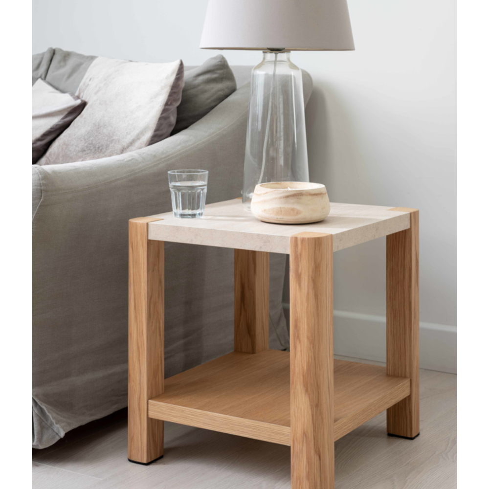 Arlo Natural Oak Side Table with Travertine Ceramic Top