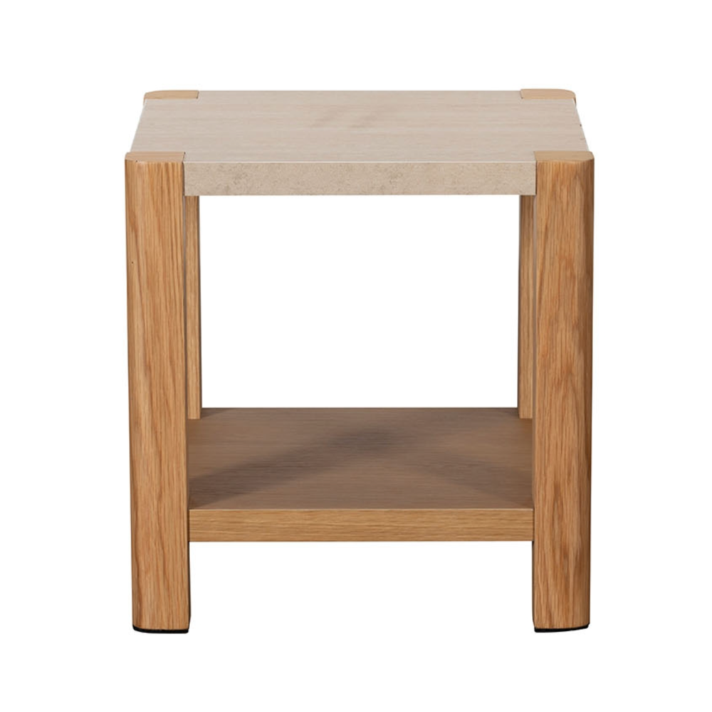 Arlo Natural Oak Side Table with Travertine Ceramic Top